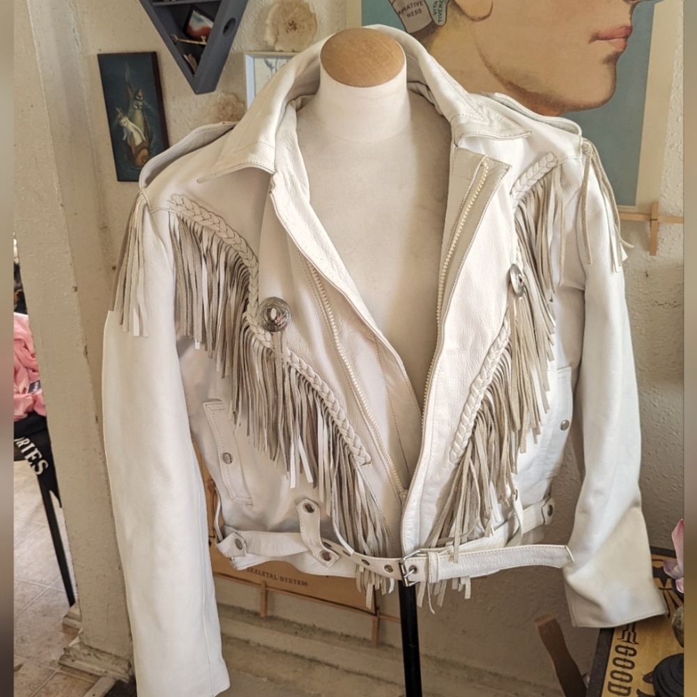 Cream White Vintage Western Leather Motorcycle Jacket 80s Ferris Bueller